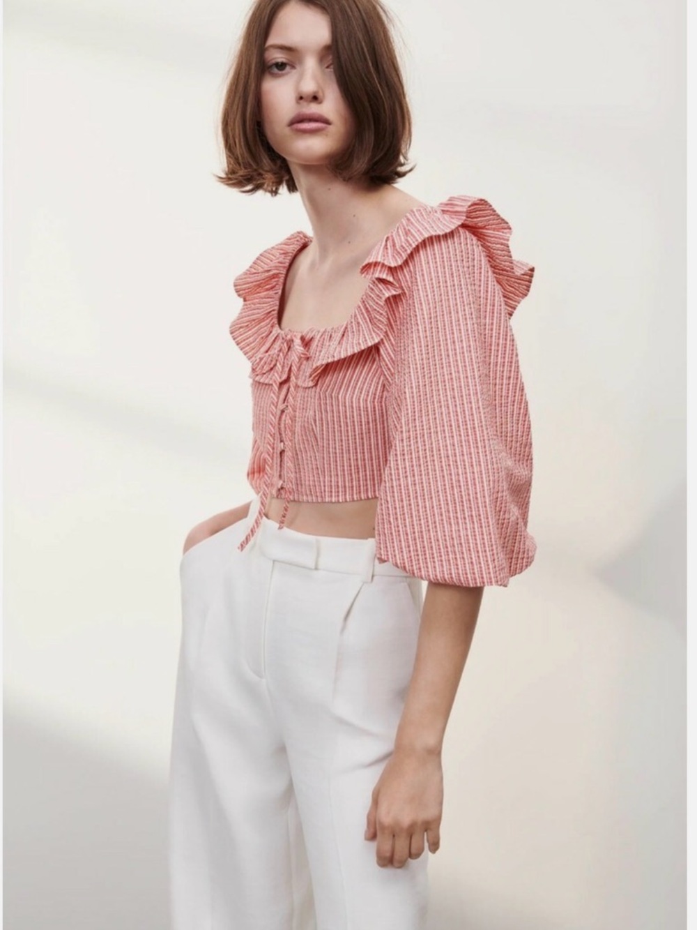 Zara Pink Striped Ruffle Puff Sleeve Crop Top - Size Small - Cottagecore Boho